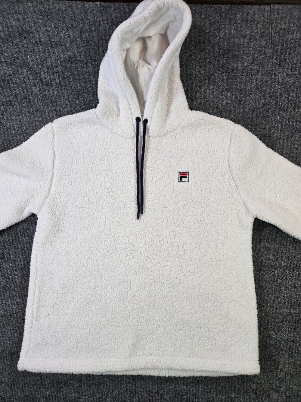 Fila Sherpa Hoodie Womens Medium White Teddy Fleece Pullover Cozy Sweatshirt